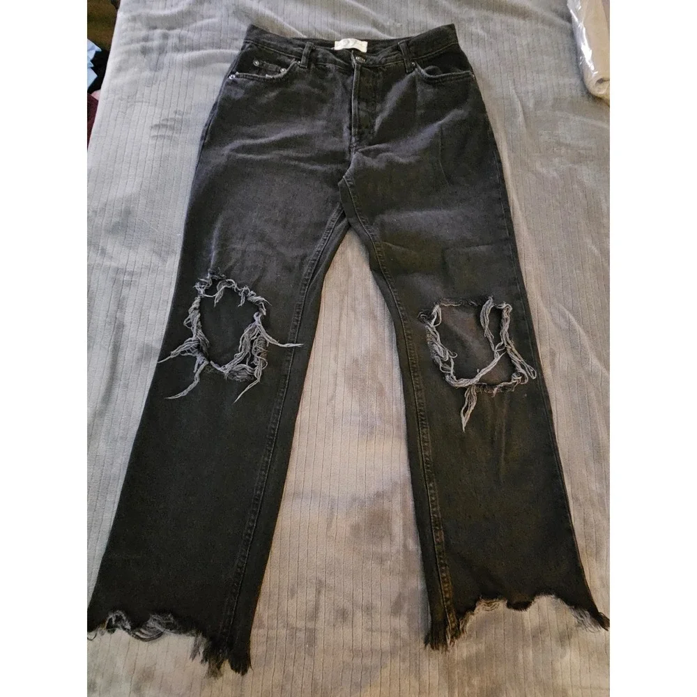 Free People We The Free Black Distressed Straight Leg Jeans Button Fly size 27
